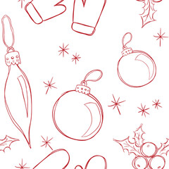 New Years pattern in the style of a sketch with Christmas tree toys. Vector illustration