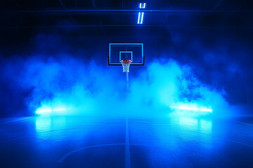 Dark and dramatic basketball court with smoke and blue led lights