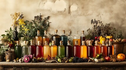 Colorful bottles of homemade tinctures with fresh fruits, herbs and spices on rustic wooden table, traditional herbal drinks and ingredients