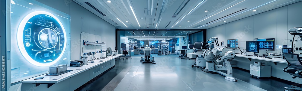Poster a futuristic lab featuring advanced technology, illuminated displays, and workstations, emphasizing 
