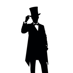 Silhouette of a magician tipping his top hat, standing confidently with one hand holding a wand,