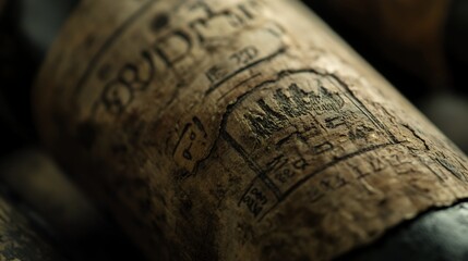 Close up of aged wine cork with textured surface and vintage label markings, wine cellar atmosphere