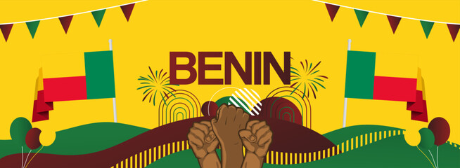 Benin independence day festive banner. Vibrant modern templates for holiday celebration, greeting card, billboard, and sport event backdrops. August 1st. Happy national day of Benin