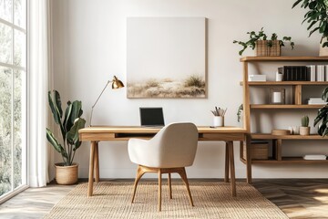 a calming Organic Modern home office that blends natural elements with sleek, minimalist design. The space should feature a neutral color palette with warm wood tones