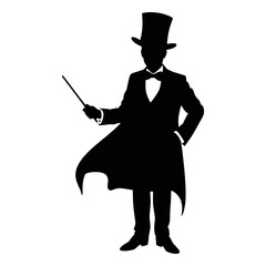 Silhouette of a magician tipping his top hat, standing confidently with one hand holding a wand,