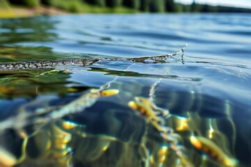 fishing line in water extreme close up of a fishing line disappe
