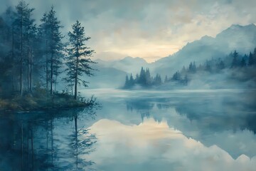 An oil painting of misty mountains, pine trees, and a lake with a reflection in the water. The color palette is soft and blue
