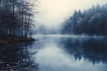 Fototapeta premium 9il painting of a misty lake in a forest, realistic, with blue tones and a foggy, reflective surface on the water.