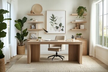 a calming Organic Modern home office that blends natural elements with sleek, minimalist design. The space should feature a neutral color palette with warm wood tones, white walls