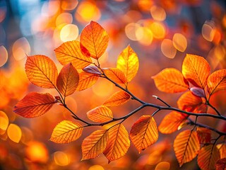 Fototapeta premium Autumn Branch with Glowing Orange Leaves for Nature Graphics and Artistic Backgrounds
