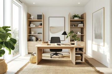 a calming Organic Modern home office that blends natural elements with sleek, minimalist design. The space should feature a neutral color palette with warm wood tones, white walls