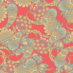 Fototapeta premium Madhubani, Kalamkari, Chinz, and Kani seamless pattern. Shirting fabric, Ajrakh and Ikat styles. Patola backdrop. Floral allover design