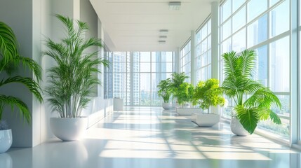 Long Hallway with Potted Plants