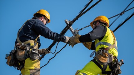 Two construction workers wearing safety gear and helmets working on overhead power lines during the day against a clear blue sky.