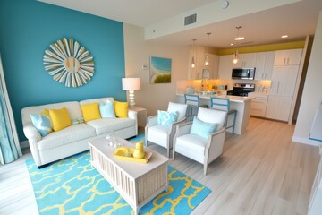 a colorful flordia condo interior design with white sandy influence, sea blue and subtle pops of yellow with vinyl plank floor 