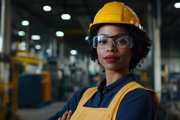 A confident female construction worker stands in a busy workshop, donning a hard hat and safety goggles, exuding professionalism amidst industrial surroundings.