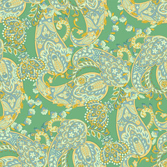 Paisley vector seamless design featuring stunning flowers and leaves in a batik-inspired style. Vintage backdrop
