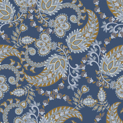 Digital vector textile print. Seamless Design suitable for covers, fabrics, textiles, wrapping paper, featuring an antique Thai pattern Paisley Indian motifs and decorative floral elements