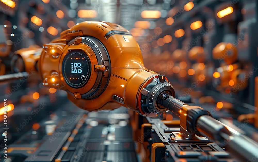 Aufkleber a futuristic robotic arm in vibrant orange, showcased in a high-tech environment filled with illumin
