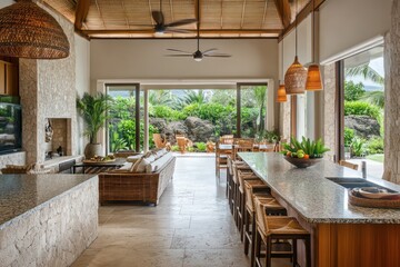 a contemporary organic interior for kitchen in a luxury home in Kauai. Vibe is tropical, zen and casual. Incorporates beautiful soft textures, subtle tribal patterns and prints