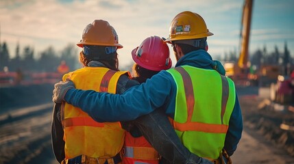 Three construction workers in high-visibility gear embrace on-site, symbolizing teamwork and professionalism in the construction industry. Perfect for themes of engineering, project collaboration.