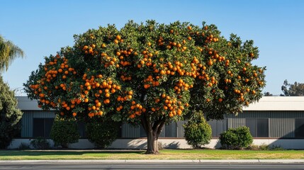 Naklejka premium Large orange tree with vibrant fruit stands prominently in front of a building, creating a picturesque scene ideal for nature and architecture photography, with ample copy space.