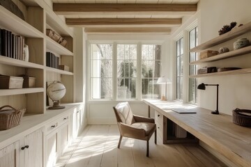 A delicate rustic home office design with a slightly modern touch, featuring light-colored cabinetry and soft, inviting details