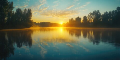 Fototapeta premium Lake sunset with trees