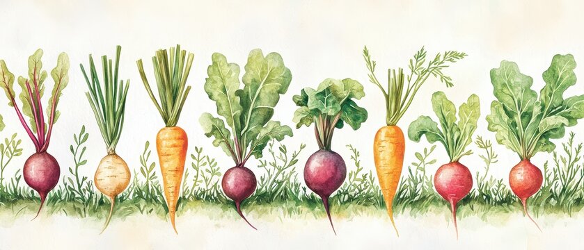 A vibrant display of assorted root vegetables on a light background, highlighting natural colors and textures.