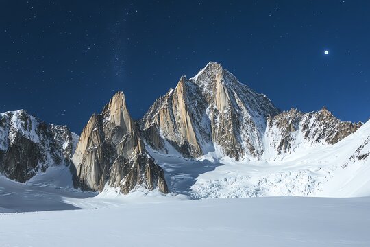 Massif montagneux enneig&eacute; sous ciel &eacute;toil&eacute; avec lumi&egrave;re lunaire..