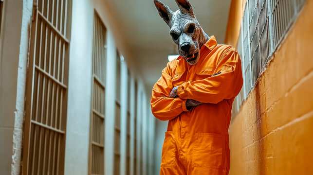 Dangerous criminal dog in red inmate clothes in prison