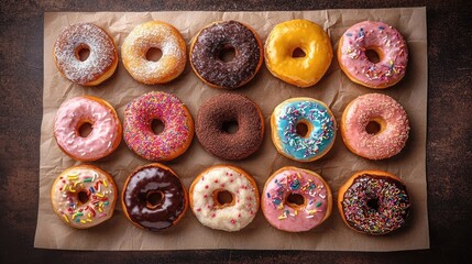 Aerial view of traditional berliner donuts arranged neatly on brown paper, creating a delightful and inviting display of berliner donuts with ample copy space.