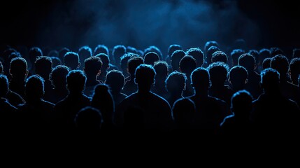 Obraz premium Silhouettes of crowd glowing in the dark, illuminated by dim light against black background