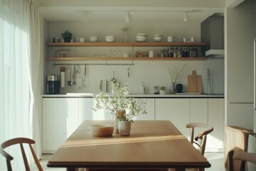 Fototapeta premium a front view of the kitchen from the dining table. clean and minimalist home interior. day time with bright and natural lighting