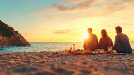 Group of friends enjoying a sunset beach picnic, spread of food and laughter, summer fun