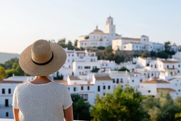 Fototapeta premium A woman in a sun hat looks out over a charming village with white buildings and a distant church, enveloped in a serene morning light.