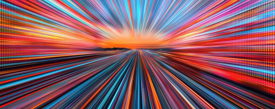 Digital information highway with binary code, visualizing concepts of data transfer, technology pathways, and high-speed networks