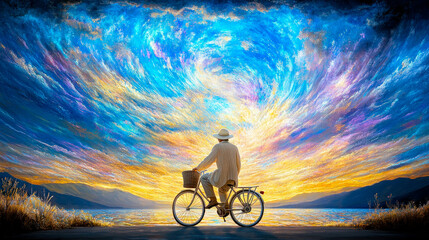 Person riding a bicycle in surreal natural surroundings, tribute for discovery of hallucinogenic drug LSD