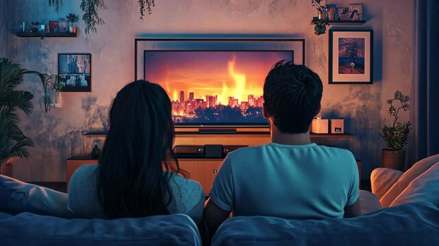 A couple relaxes on the couch in their living room watching a movie on a large screen television