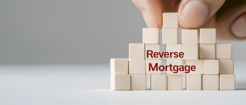 Hand stacking wooden blocks with the text Reverse Mortgage, representing financial concepts.