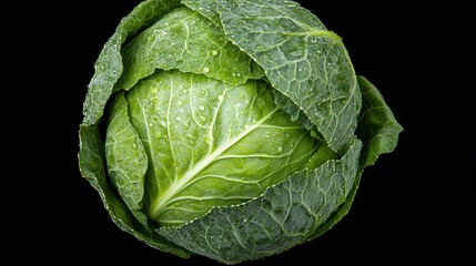 Obraz premium Fresh Green Cabbage with Water Drops on Black Background Food Photography
