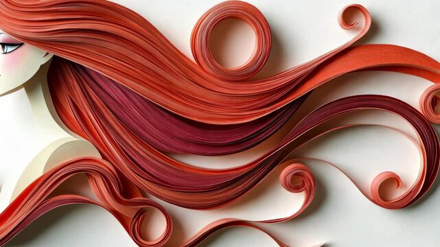 A close-up of a paper quilling artwork depicting a woman with flowing red hair