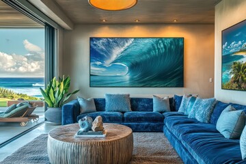 a high end luxury living room with ocean inspired colors, statement wall and decor and high-end interior design, in Hawaii, large wide picture on the wall, high resolution photo, wide angle