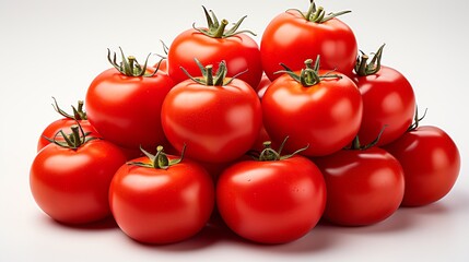 A pile of fresh red tomatoes on a white background.
