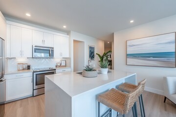 a high res photo of a white mordern kitchen with countertop and island , close up shoot of gray quartz countertop