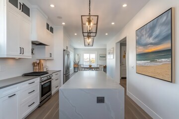 a high res photo of a white mordern kitchen with countertop and island , close up shoot of gray quartz countertop