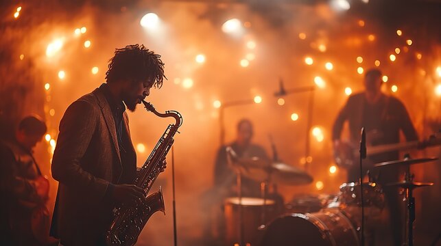 Silhouettes of jazz musicians performing on stage with spotlights and musical notes in the background