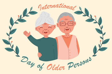 International Day of Older Persons. Festive design with cute elderly couple for banner, poster, card. Elderly man and woman hug each other. Vector flat illustration on beige background.