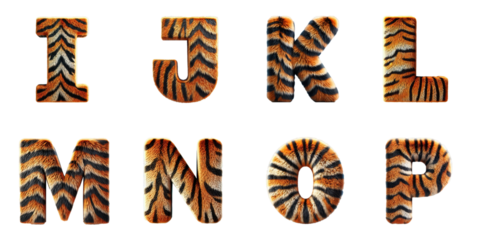 Typography Design with Tiger Texture: Stylized Alphabet Letters I, J, K, L, M, N, O, P with Tiger Fur Pattern