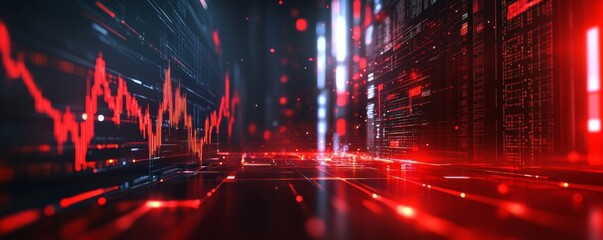 Naklejka premium Red glowing futuristic cityscape with data displays and glowing lines